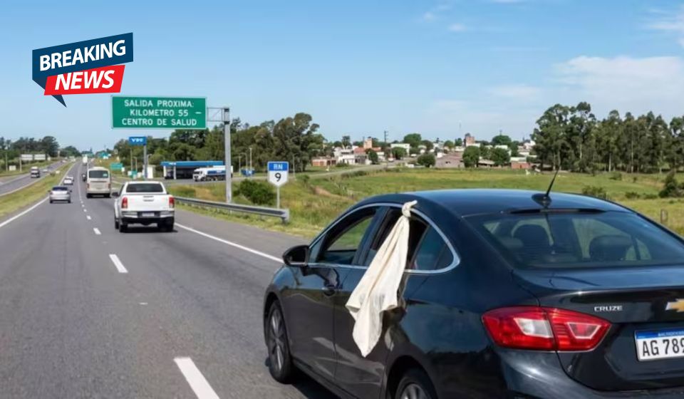 What does it mean to see a white cloth hanging from a car window on the road?
